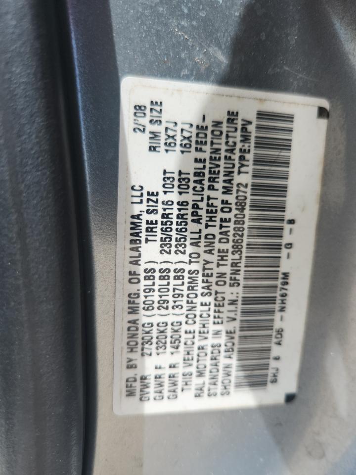 2008 Honda Odyssey Exl VIN: 5FNRL38628B048072 Lot: 64786825