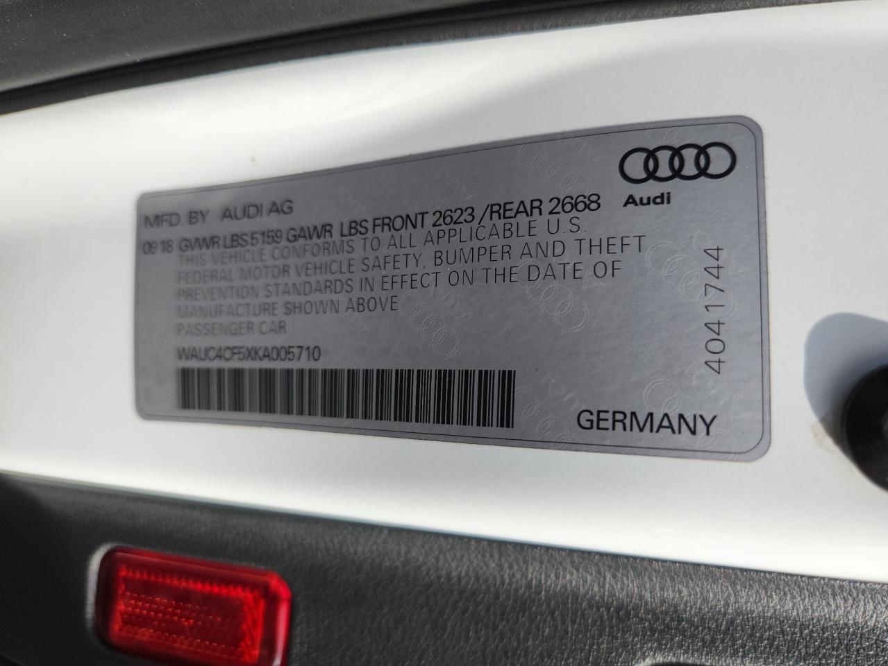 2019 Audi S5 Prestige VIN: WAUC4CF5XKA005710 Lot: 63192215