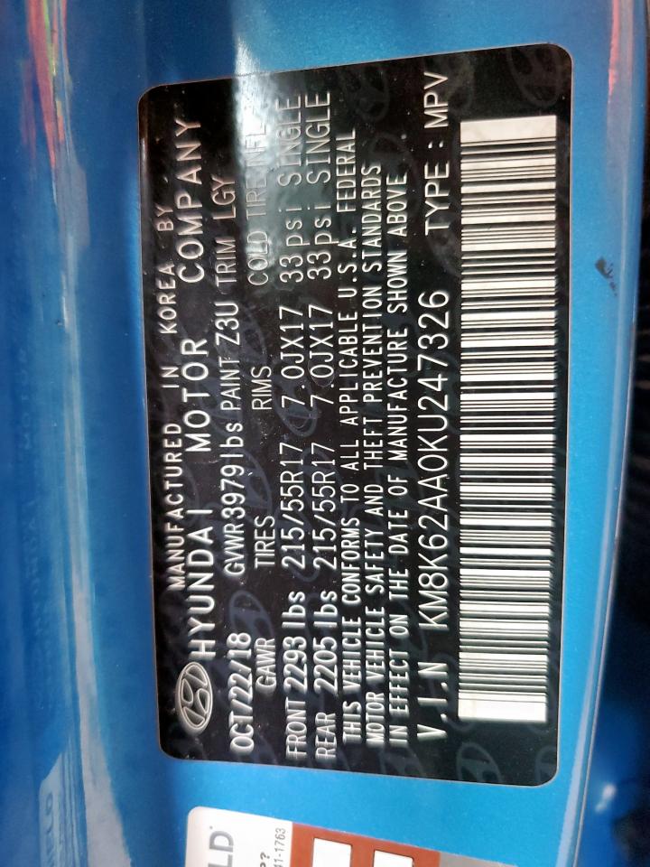 2019 Hyundai Kona Sel VIN: KM8K62AA0KU247326 Lot: 63626995