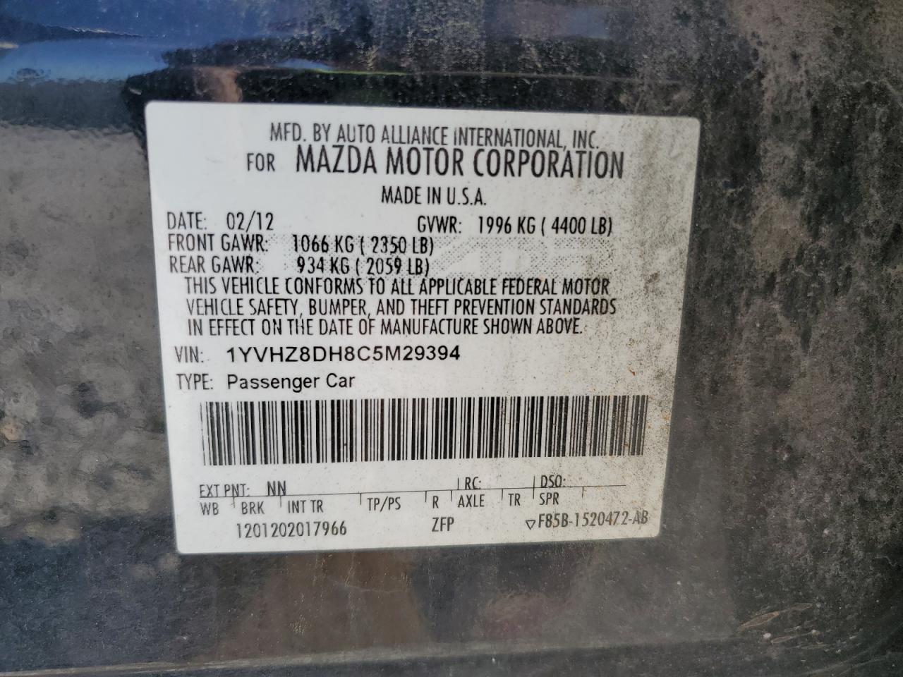 2012 Mazda 6 I VIN: 1YVHZ8DH8C5M29394 Lot: 64269405