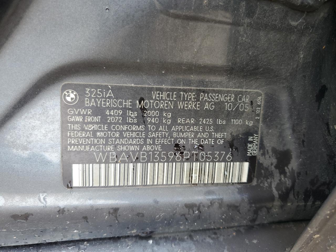 2006 BMW 325 I VIN: WBAVB13596PT05376 Lot: 62923345