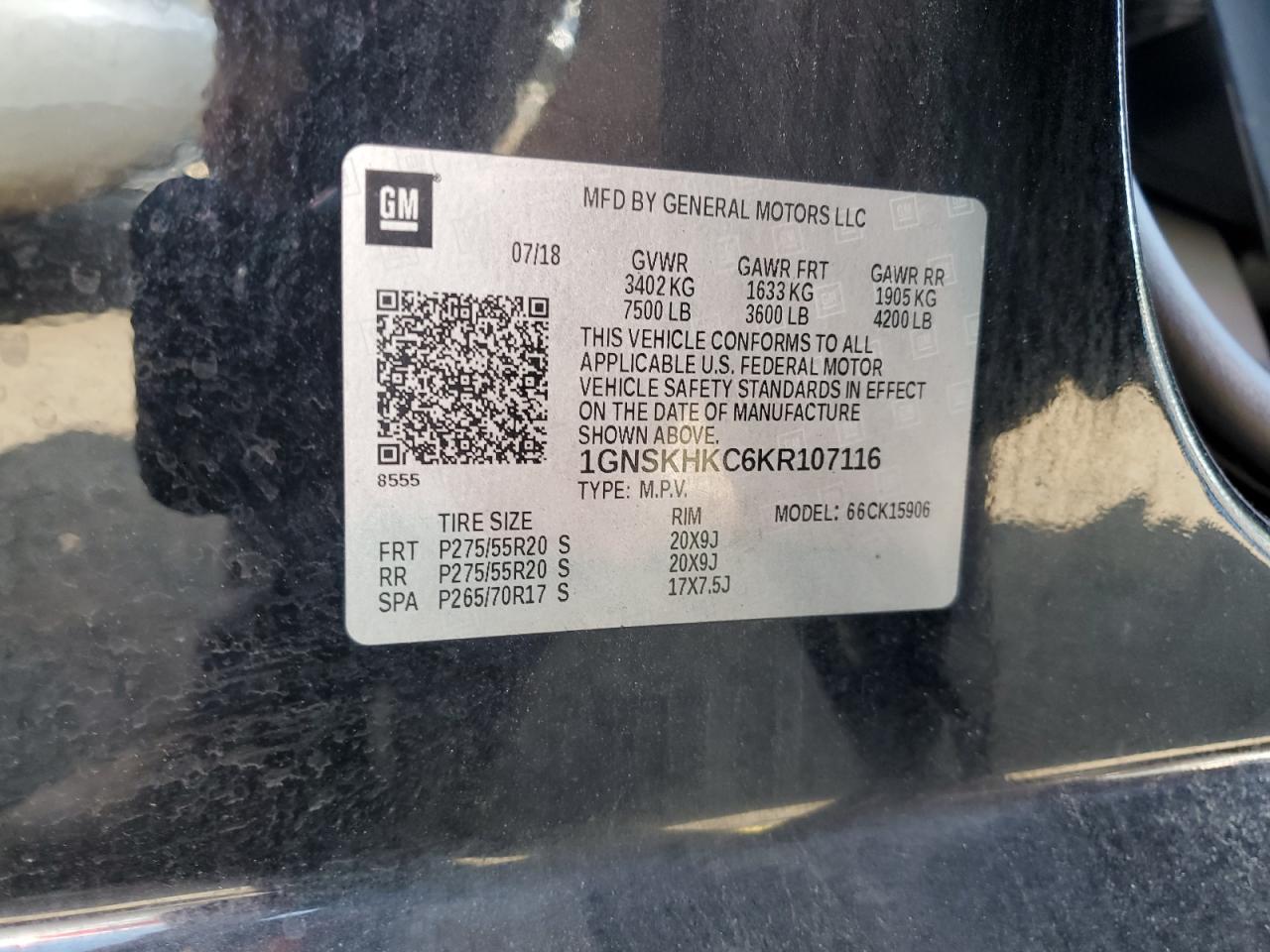 1gnskhkc6kr107116 1GNSKHKC6KR107116 2019 Chevrolet Suburban K1500 Lt