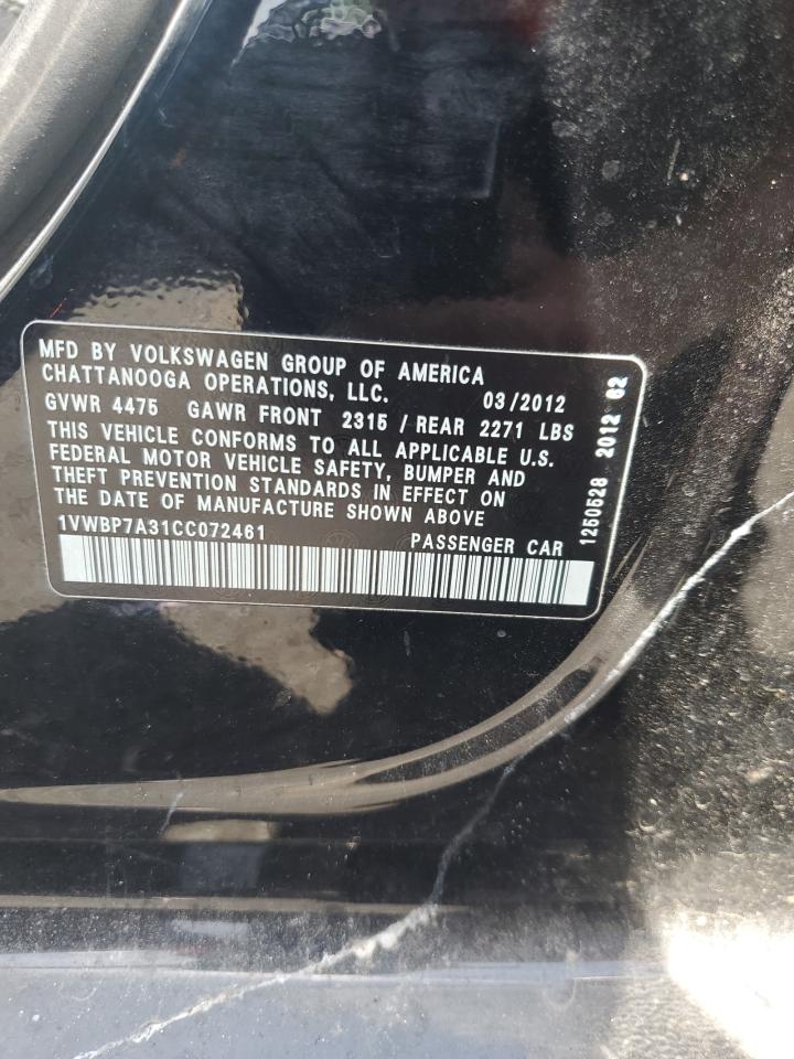 2012 Volkswagen Passat Se VIN: 1VWBP7A31CC072461 Lot: 64661585