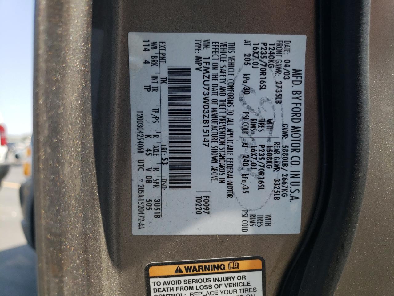 2003 Ford Explorer Xlt VIN: 1FMZU73W03ZB15147 Lot: 65272985