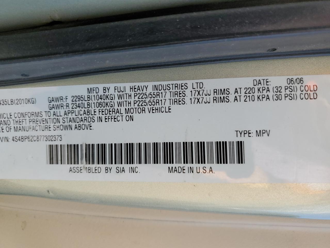 2007 Subaru Outback Outback 2.5I Limited VIN: 4S4BP62C877302373 Lot: 64112145