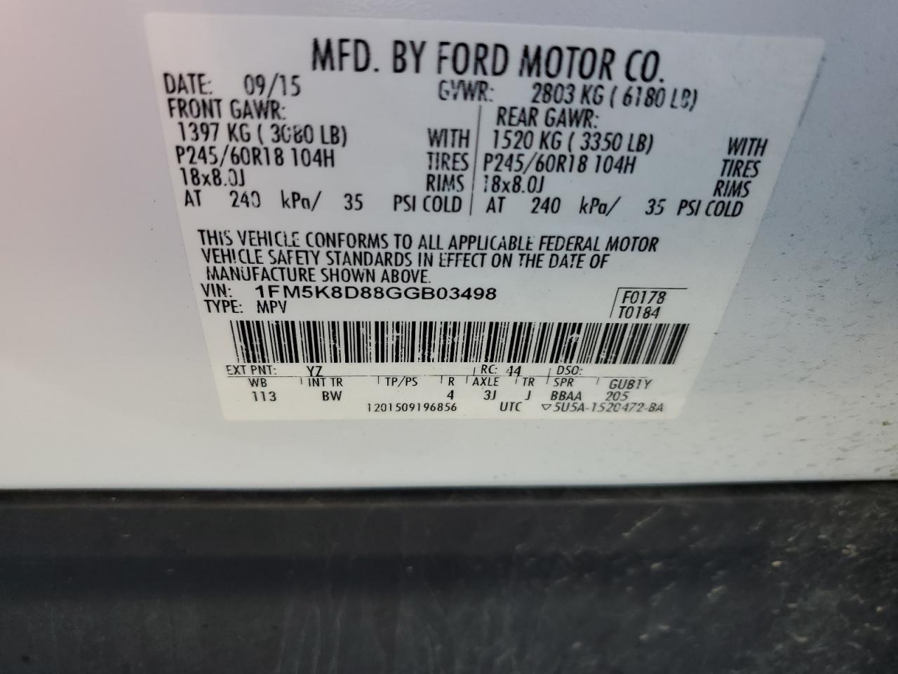 2016 Ford Explorer Xlt VIN: 1FM5K8D88GGB03498 Lot: 64916465