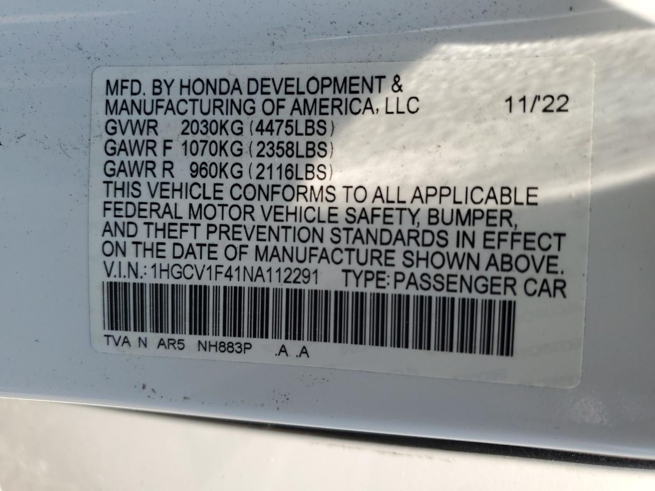2022 Honda Accord Sport Se VIN: 1HGCV1F41NA112291 Lot: 64777185