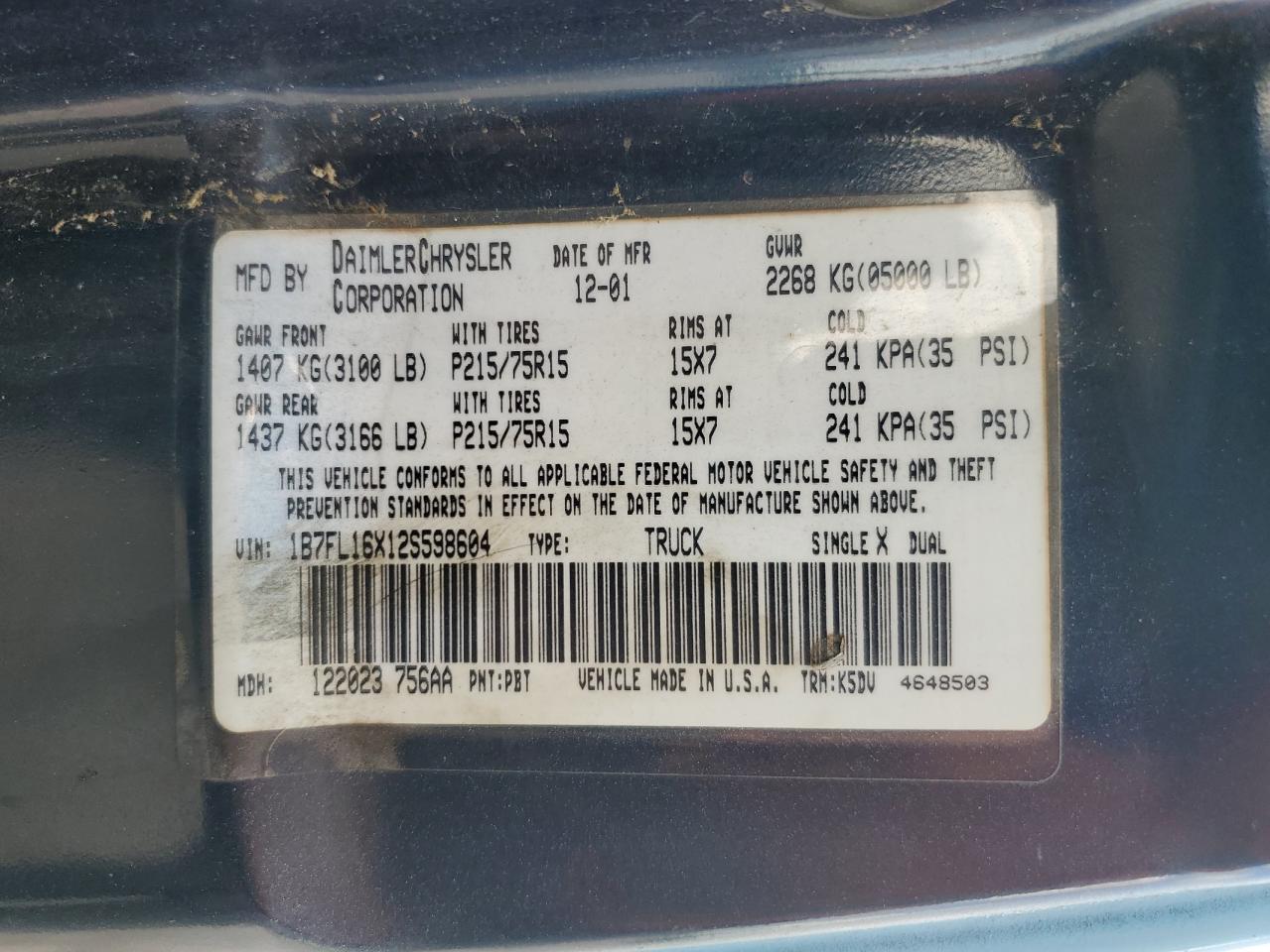 2002 Dodge Dakota Base VIN: 1B7FL16X12S598604 Lot: 63336875