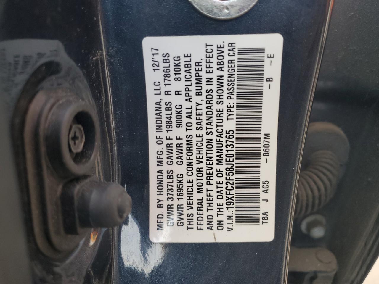2018 Honda Civic Lx VIN: 19XFC2F58JE013765 Lot: 66997595
