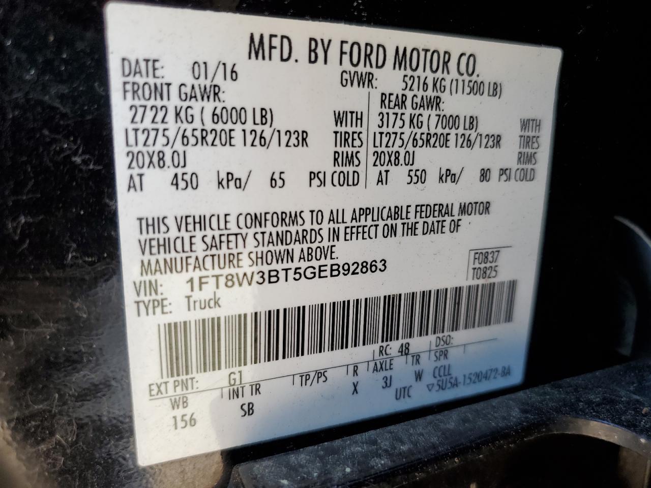 2016 Ford F350 Super Duty VIN: 1FT8W3BT5GEB92863 Lot: 64458465