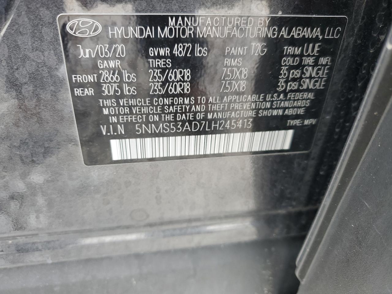 2020 Hyundai Santa Fe Limited VIN: 5NMS53AD7LH245413 Lot: 63982735