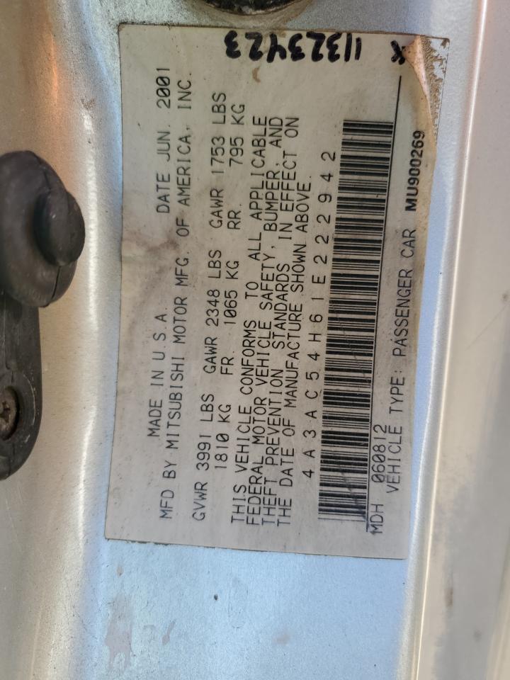 2001 Mitsubishi Eclipse Gt VIN: 4A3AC54H61E222942 Lot: 63660135