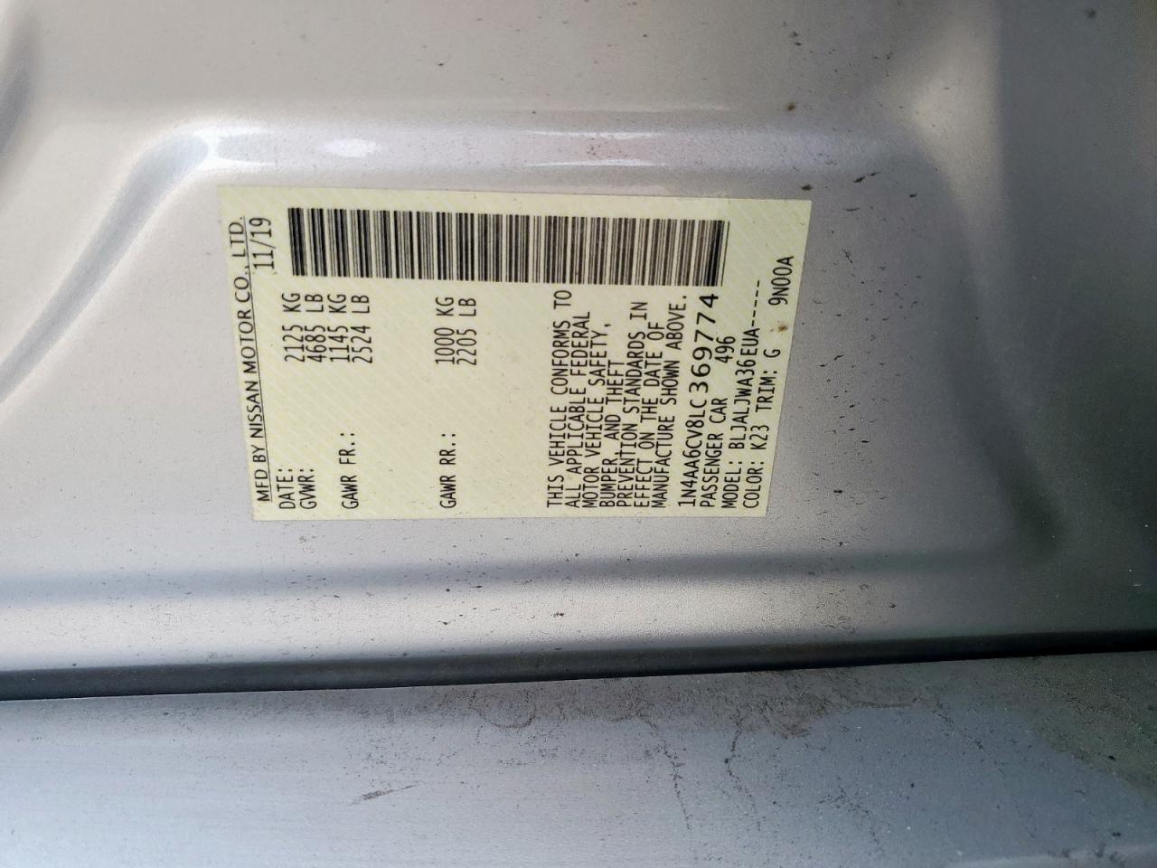 2020 Nissan Maxima Sv VIN: 1N4AA6CV8LC369774 Lot: 64376805