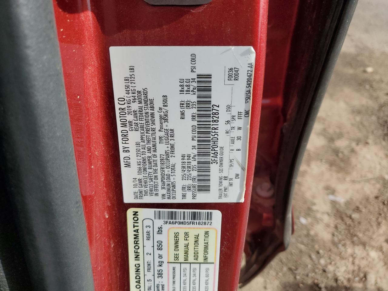 2015 Ford Fusion Se VIN: 3FA6P0HD5FR182872 Lot: 65207695
