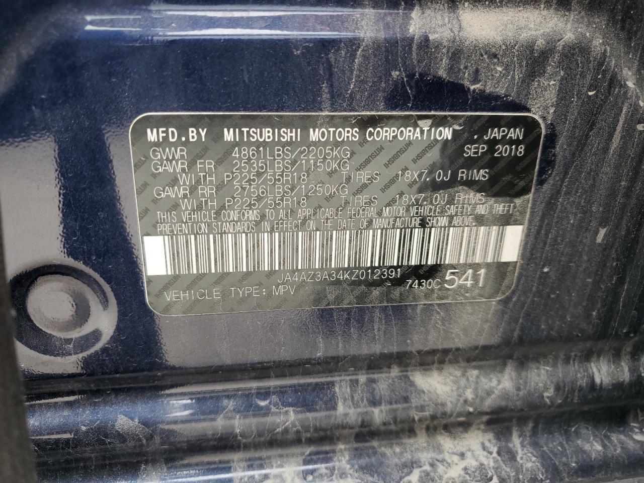 2019 Mitsubishi Outlander Se VIN: JA4AZ3A34KZ012391 Lot: 64176575