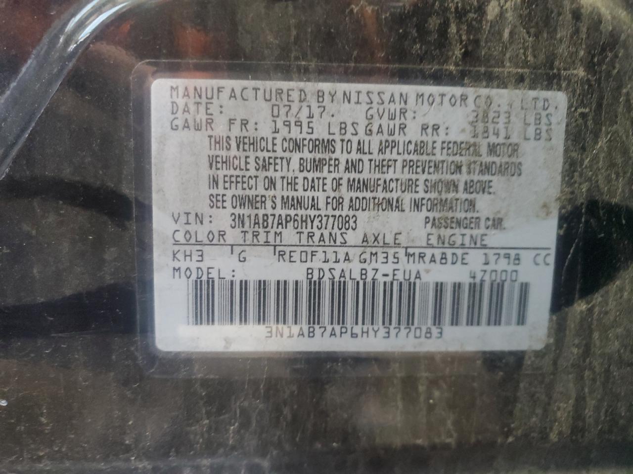 2017 Nissan Sentra S VIN: 3N1AB7AP6HY377083 Lot: 64294235