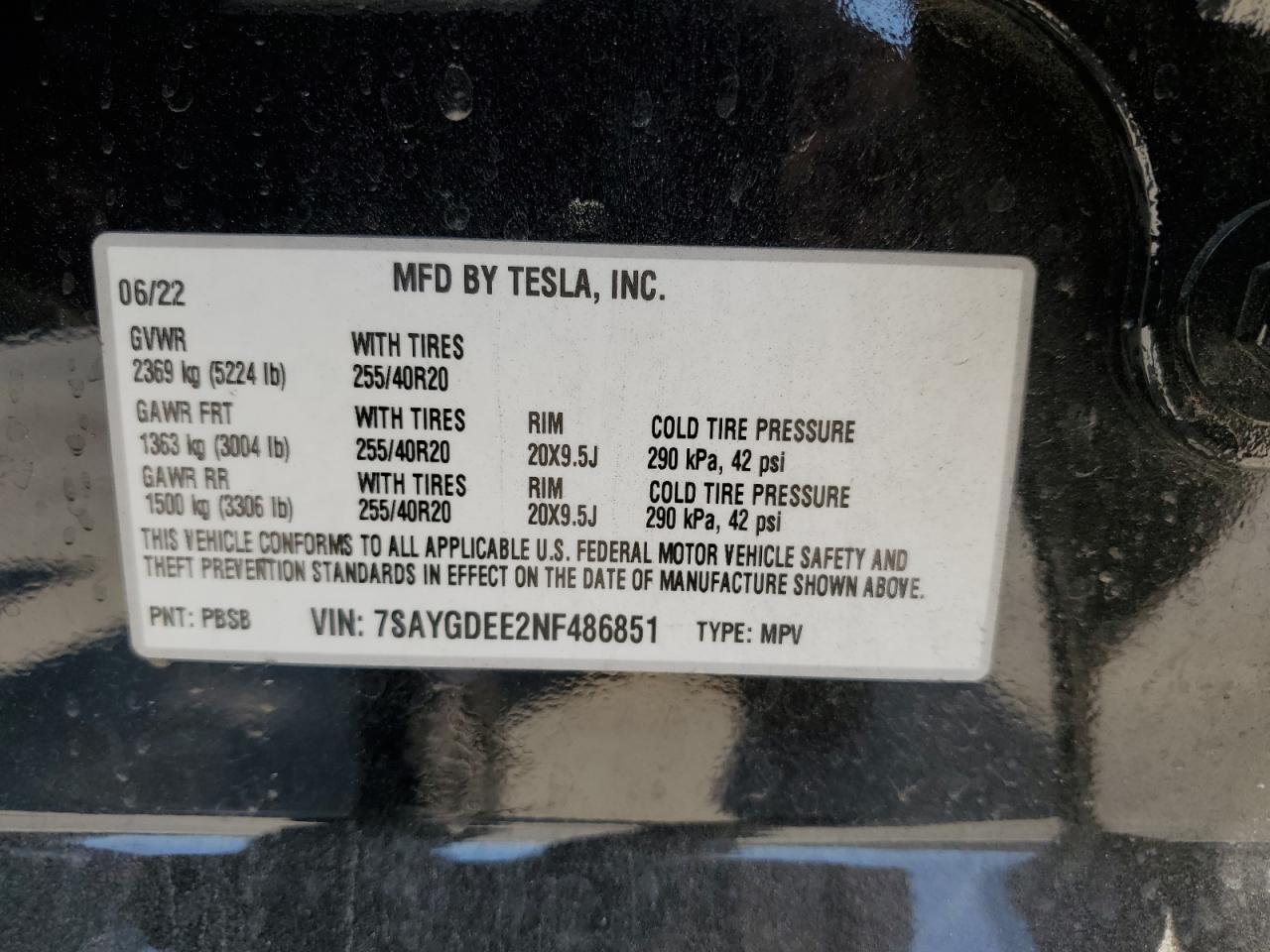 2022 Tesla Model Y VIN: 7SAYGDEE2NF486851 Lot: 64903125