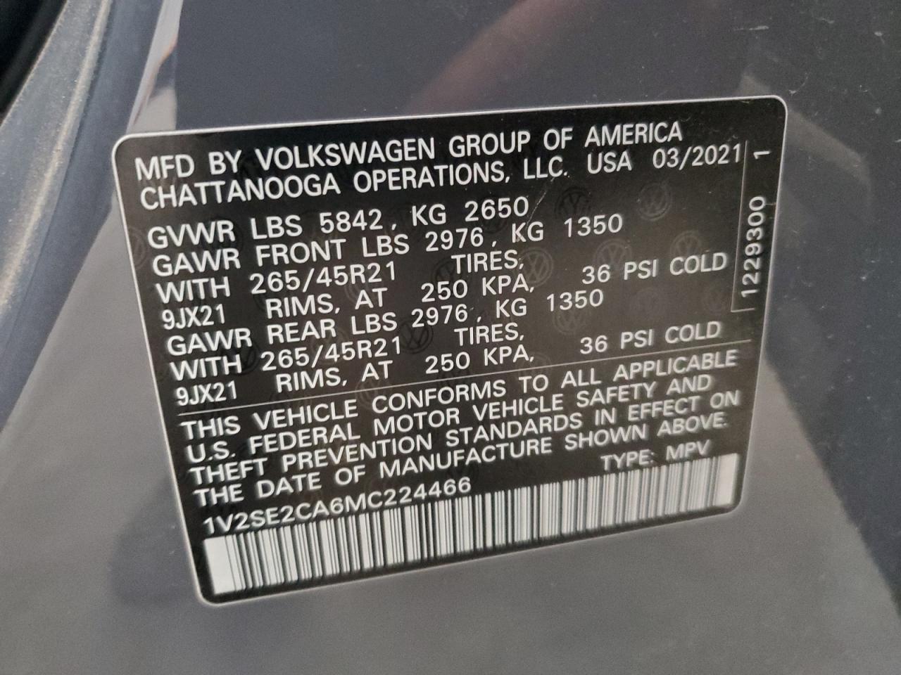 1v2se2ca6mc224466 1V2SE2CA6MC224466 2021 Volkswagen Atlas Cross Sport Sel R-Line