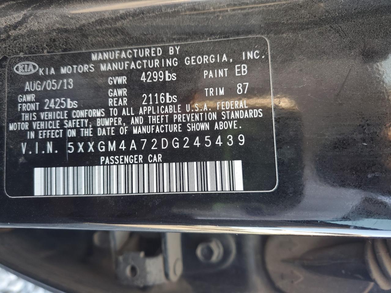 2013 Kia Optima Lx VIN: 5XXGM4A72DG245439 Lot: 64547885