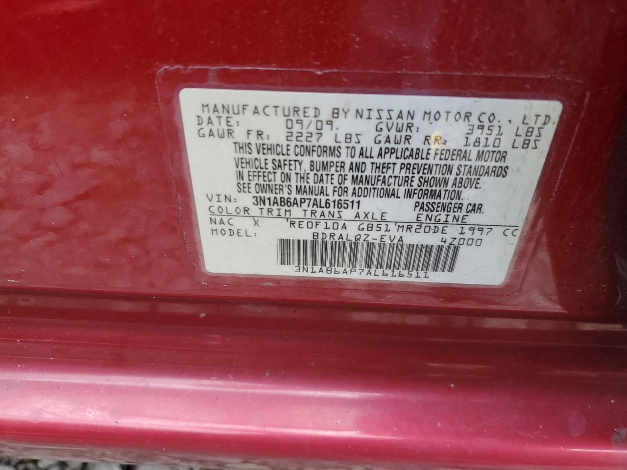 2010 Nissan Sentra 2.0 VIN: 3N1AB6AP7AL616511 Lot: 64392985