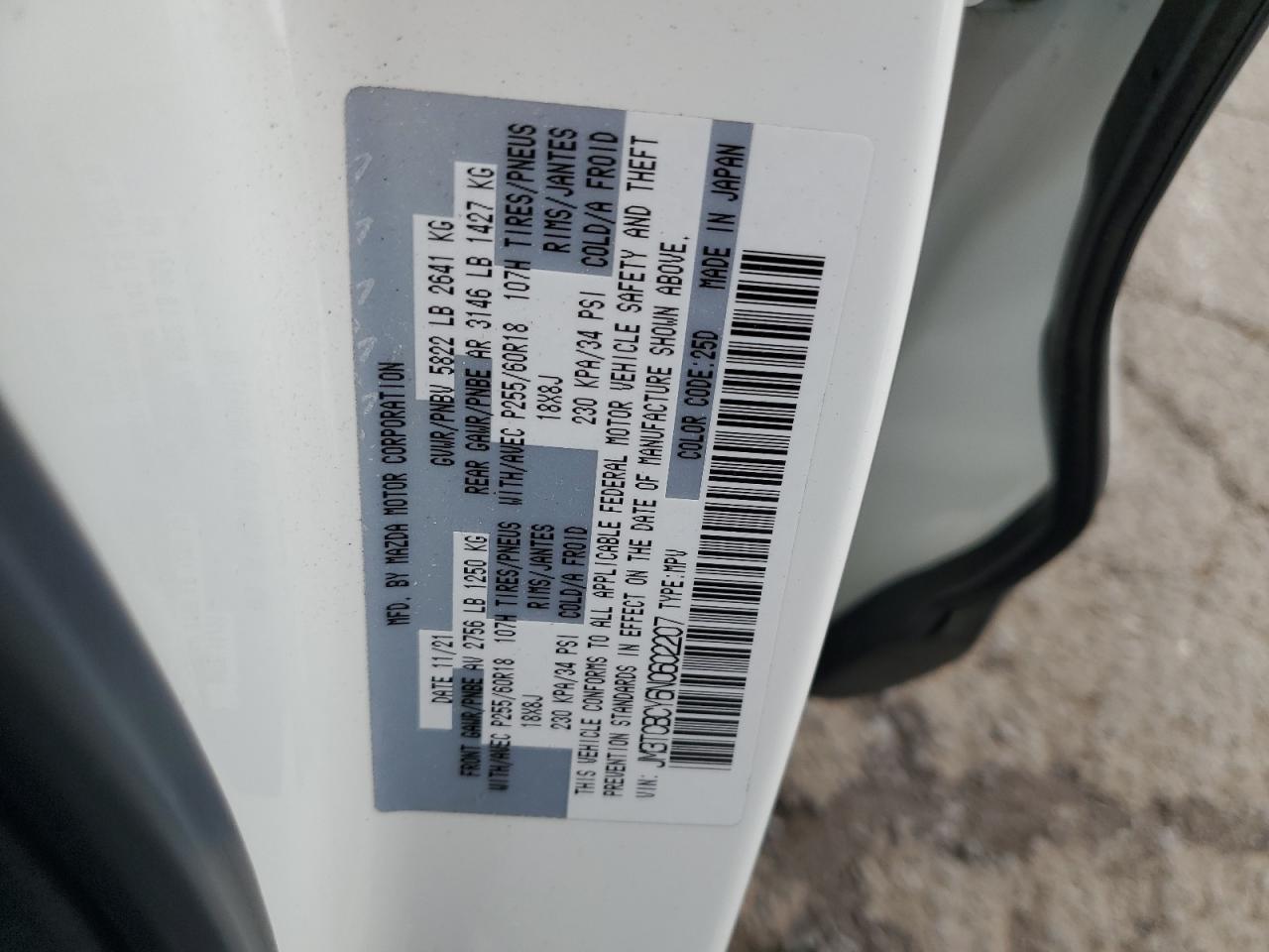 2022 Mazda Cx-9 Touring VIN: JM3TCBCY6N0602207 Lot: 62094165