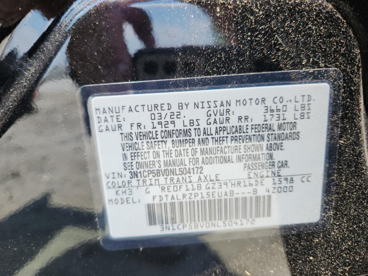 2022 Nissan Kicks S VIN: 3N1CP5BV0NL504172 Lot: 62857085