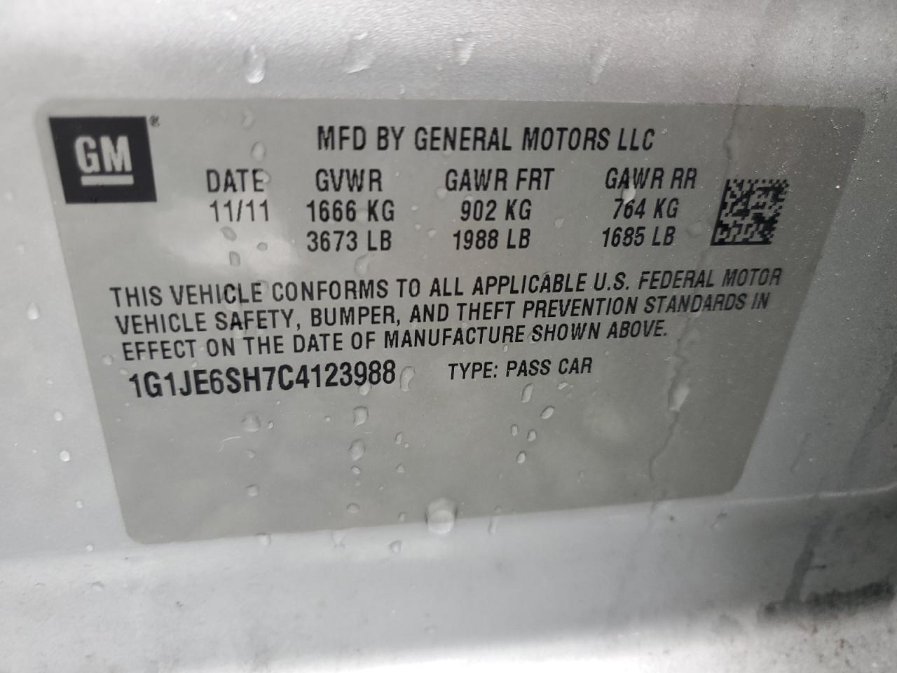 2012 Chevrolet Sonic Ltz VIN: 1G1JE6SH7C4123988 Lot: 64845065