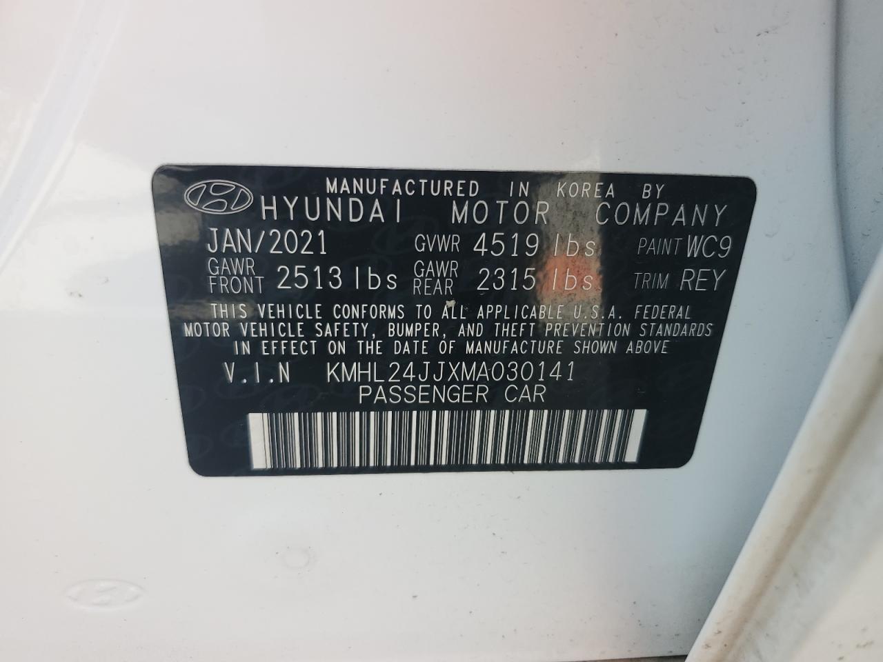 2021 Hyundai Sonata Hybrid VIN: KMHL24JJXMA030141 Lot: 63664015