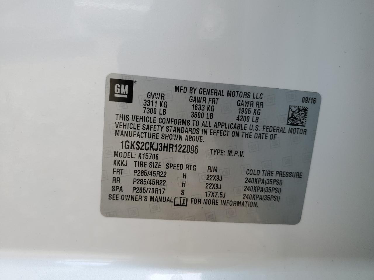 2017 GMC Yukon Denali VIN: 1GKS2CKJ3HR122096 Lot: 63390355