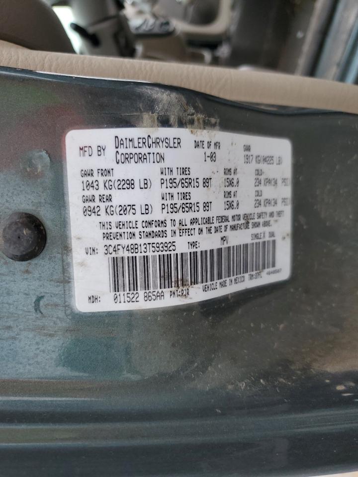 2003 Chrysler Pt Cruiser Classic VIN: 3C4FY48B13T593925 Lot: 62888185