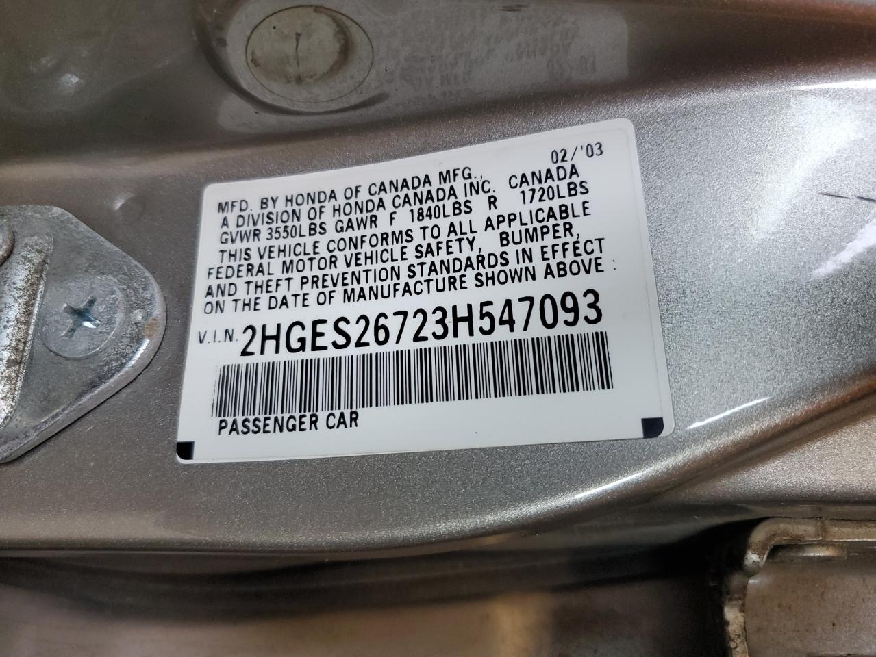 2003 Honda Civic Ex VIN: 2HGES26723H547093 Lot: 64003075