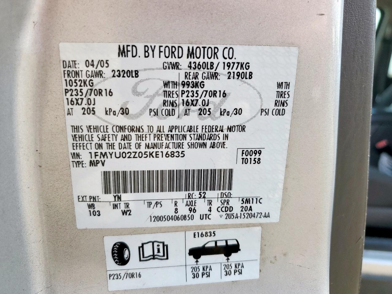 2005 Ford Escape Xls VIN: 1FMYU02Z05KE16835 Lot: 64386135