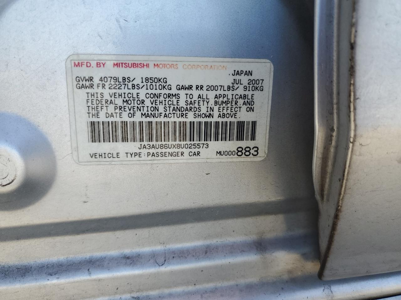 2008 Mitsubishi Lancer Gts VIN: JA3AU86UX8U025573 Lot: 63872715
