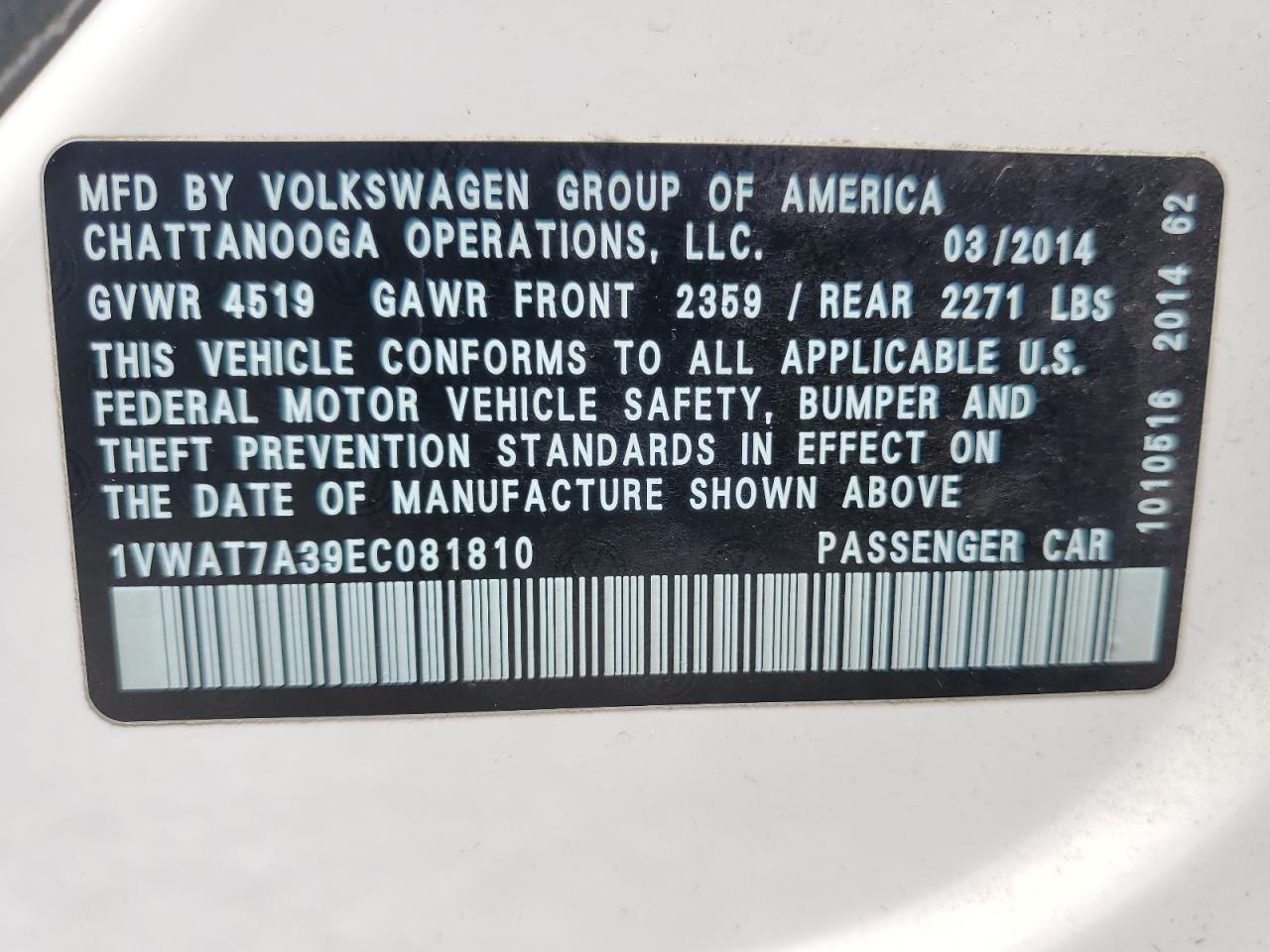 2014 Volkswagen Passat S VIN: 1VWAT7A39EC081810 Lot: 62676645