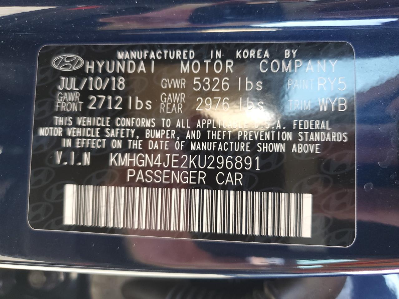 2019 Genesis G80 Base VIN: KMHGN4JE2KU296891 Lot: 65066775