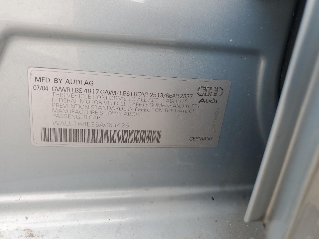 2005 Audi A4 3.0 Quattro VIN: WAULT68E35A064426 Lot: 65112495