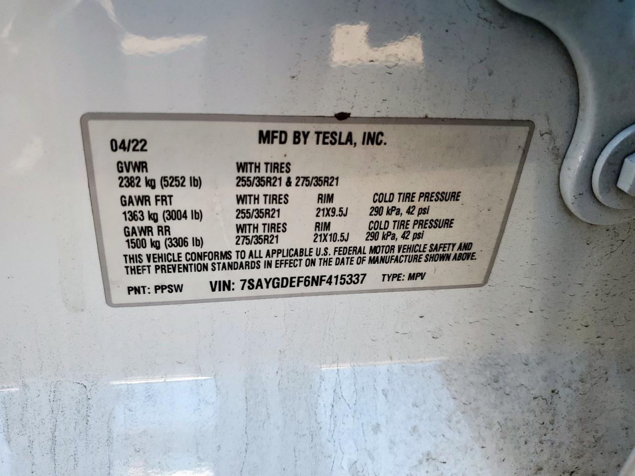 2022 Tesla Model Y VIN: 7SAYGDEF6NF415337 Lot: 65391155