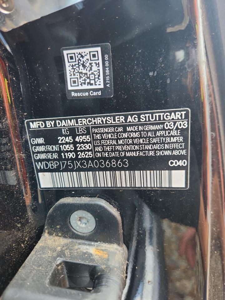 2003 Mercedes-Benz Cl 500 VIN: WDBPJ75JX3A036863 Lot: 64175705
