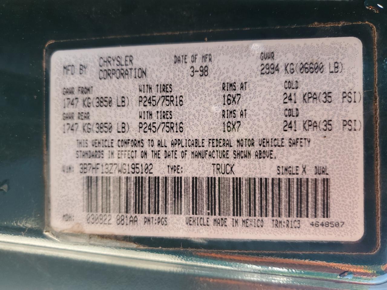 1998 Dodge Ram 1500 VIN: 3B7HF13Z7WG195102 Lot: 64846465