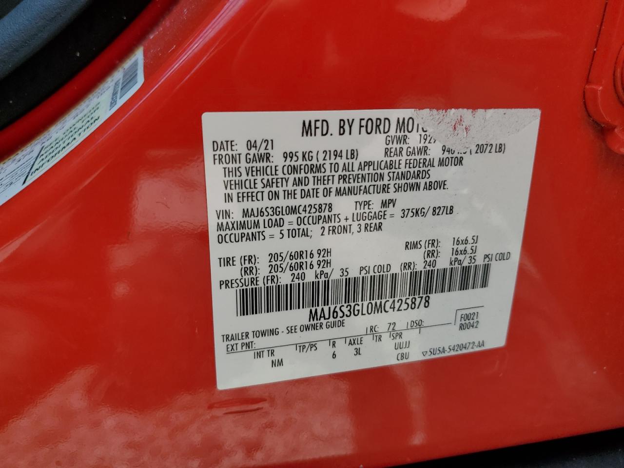 2021 Ford Ecosport Se VIN: MAJ6S3GL0MC425878 Lot: 63099645