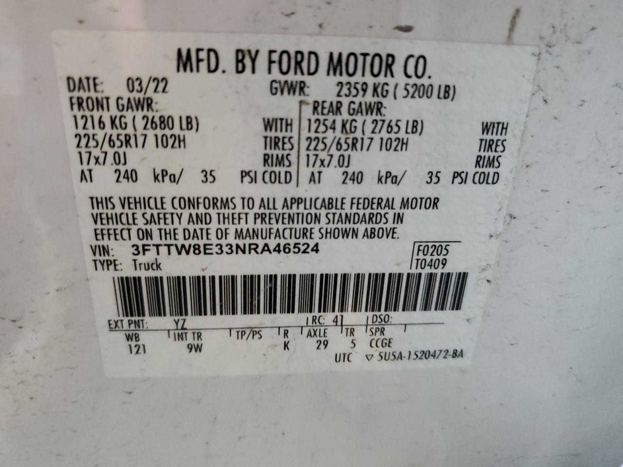 3fttw8e33nra46524 3FTTW8E33NRA46524 2022 Ford Maverick Xl