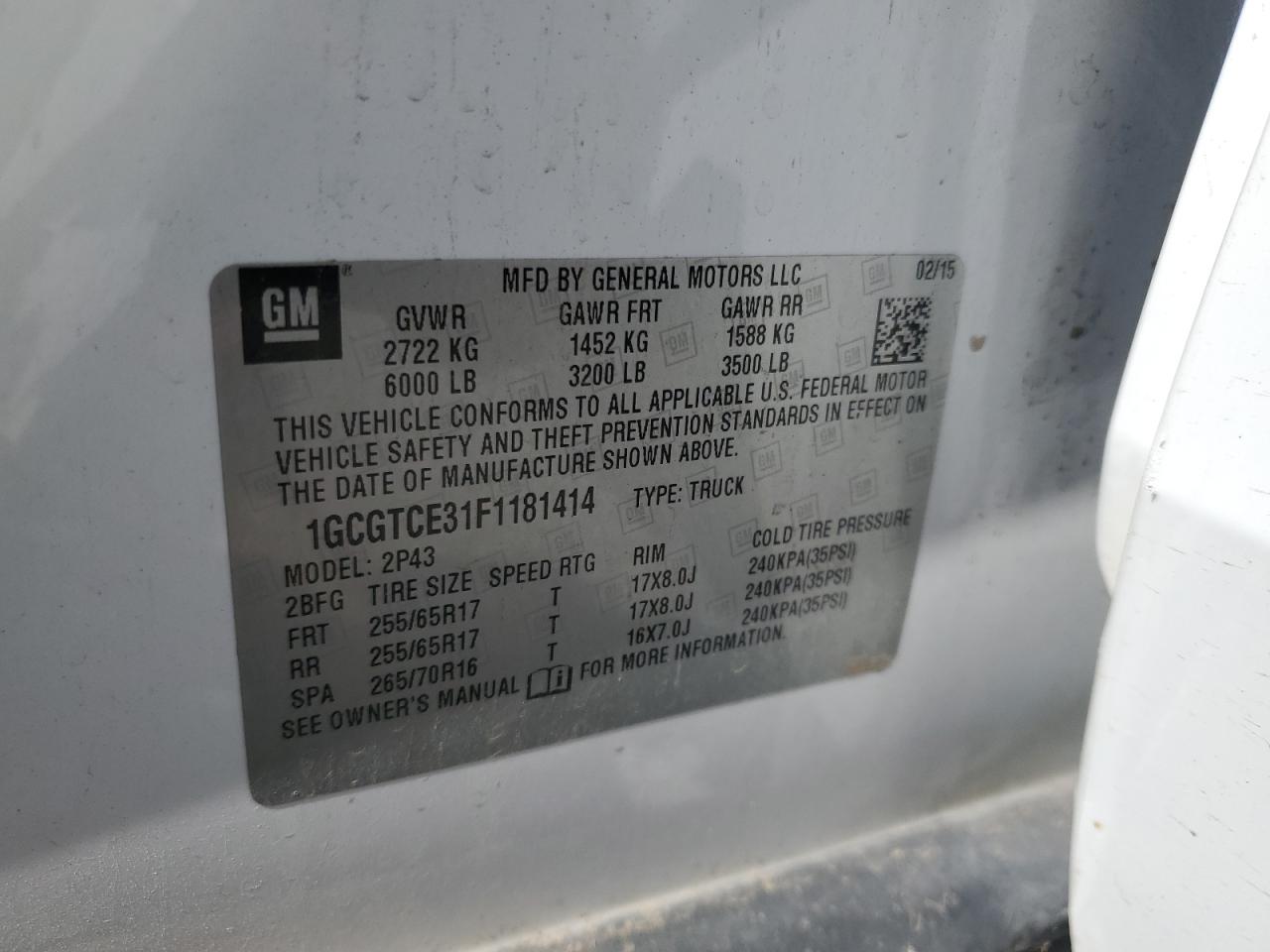 2015 Chevrolet Colorado Z71 VIN: 1GCGTCE31F1181414 Lot: 64407005