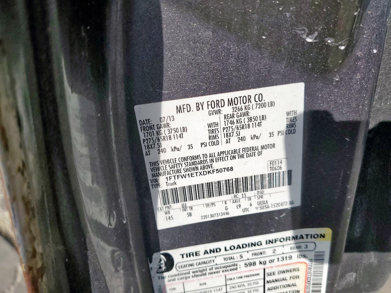 2013 Ford F150 Supercrew VIN: 1FTFW1ETXDKF50768 Lot: 65628945