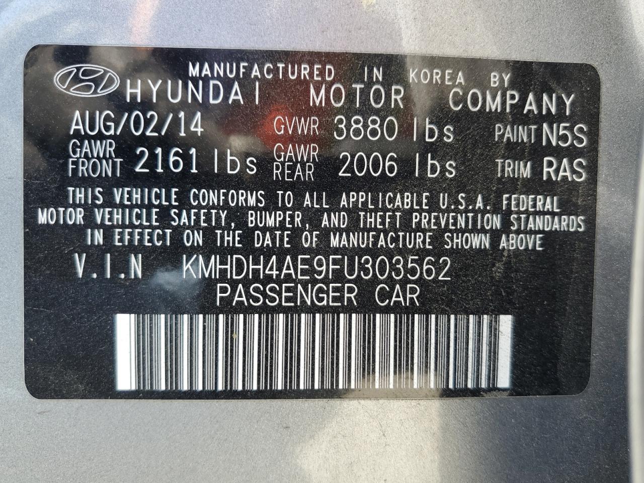 2015 Hyundai Elantra Se VIN: KMHDH4AE9FU303562 Lot: 63092345