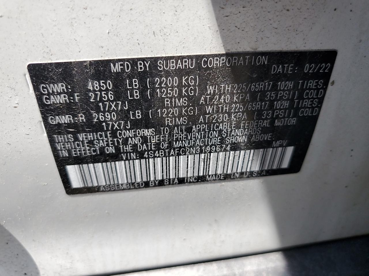 2022 Subaru Outback Premium VIN: 4S4BTAFC2N3199674 Lot: 64435105