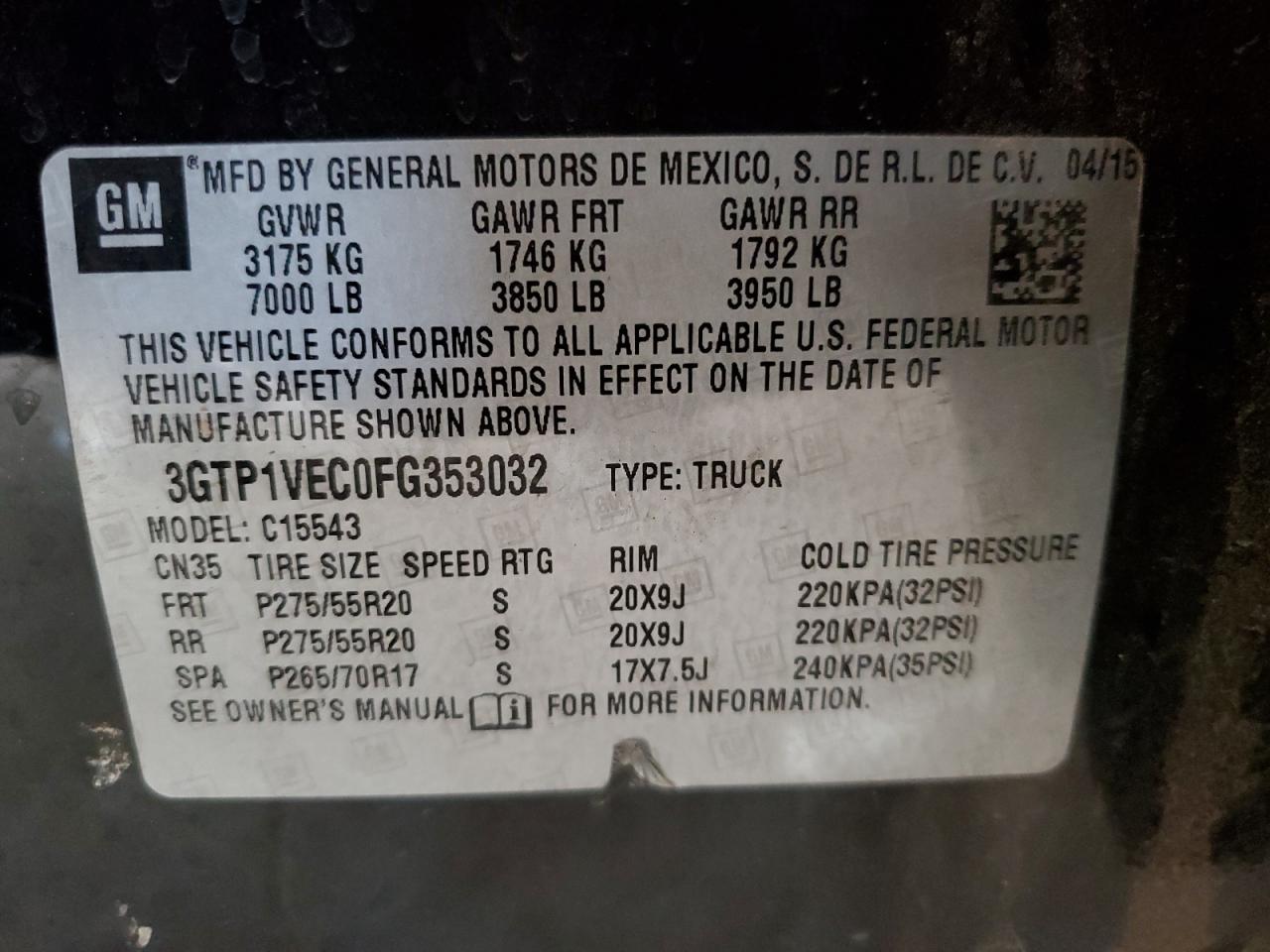 2015 GMC Sierra C1500 Slt VIN: 3GTP1VEC0FG353032 Lot: 66699445