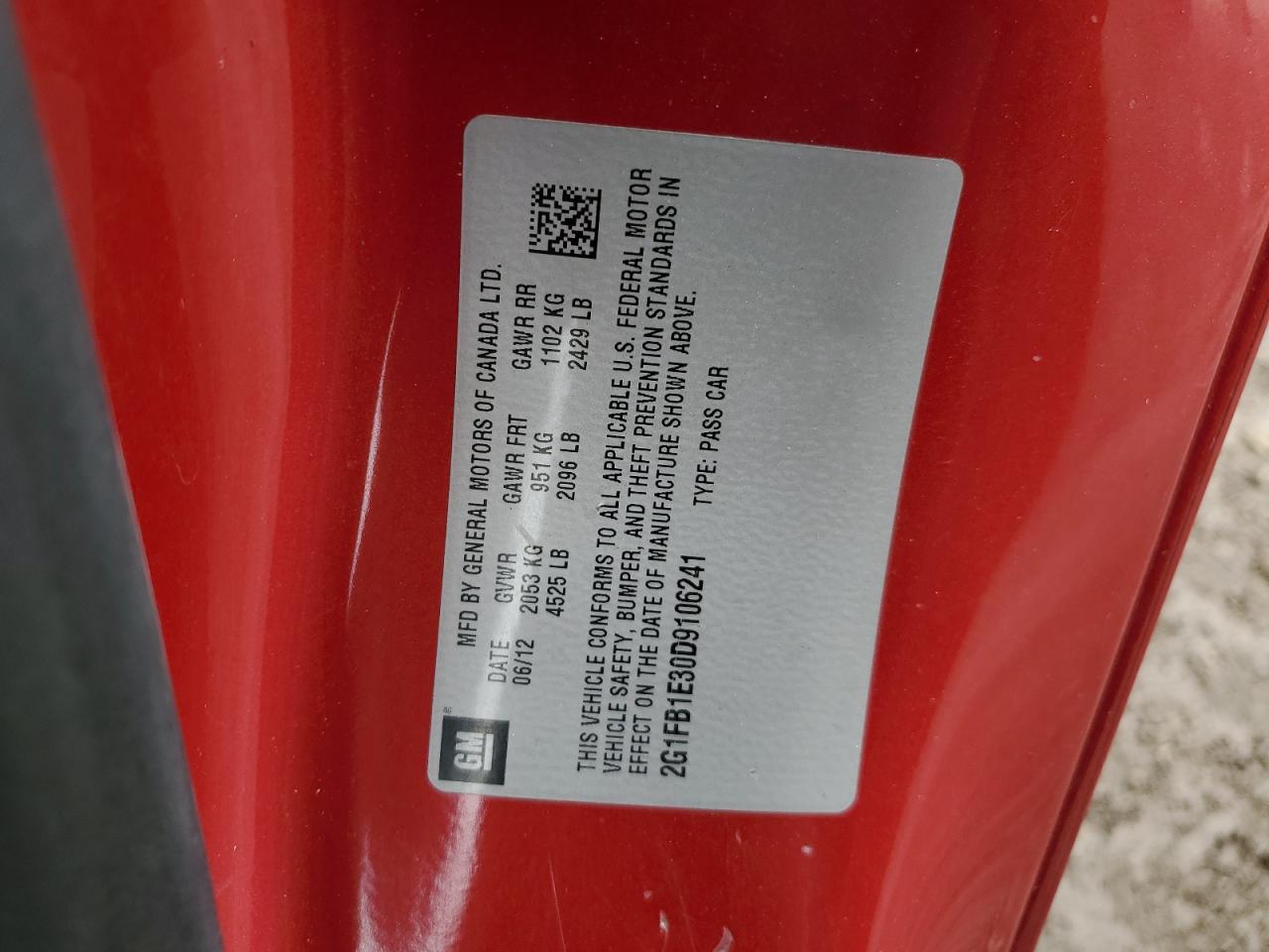 2013 Chevrolet Camaro Lt VIN: 2G1FB1E30D9106241 Lot: 66073955