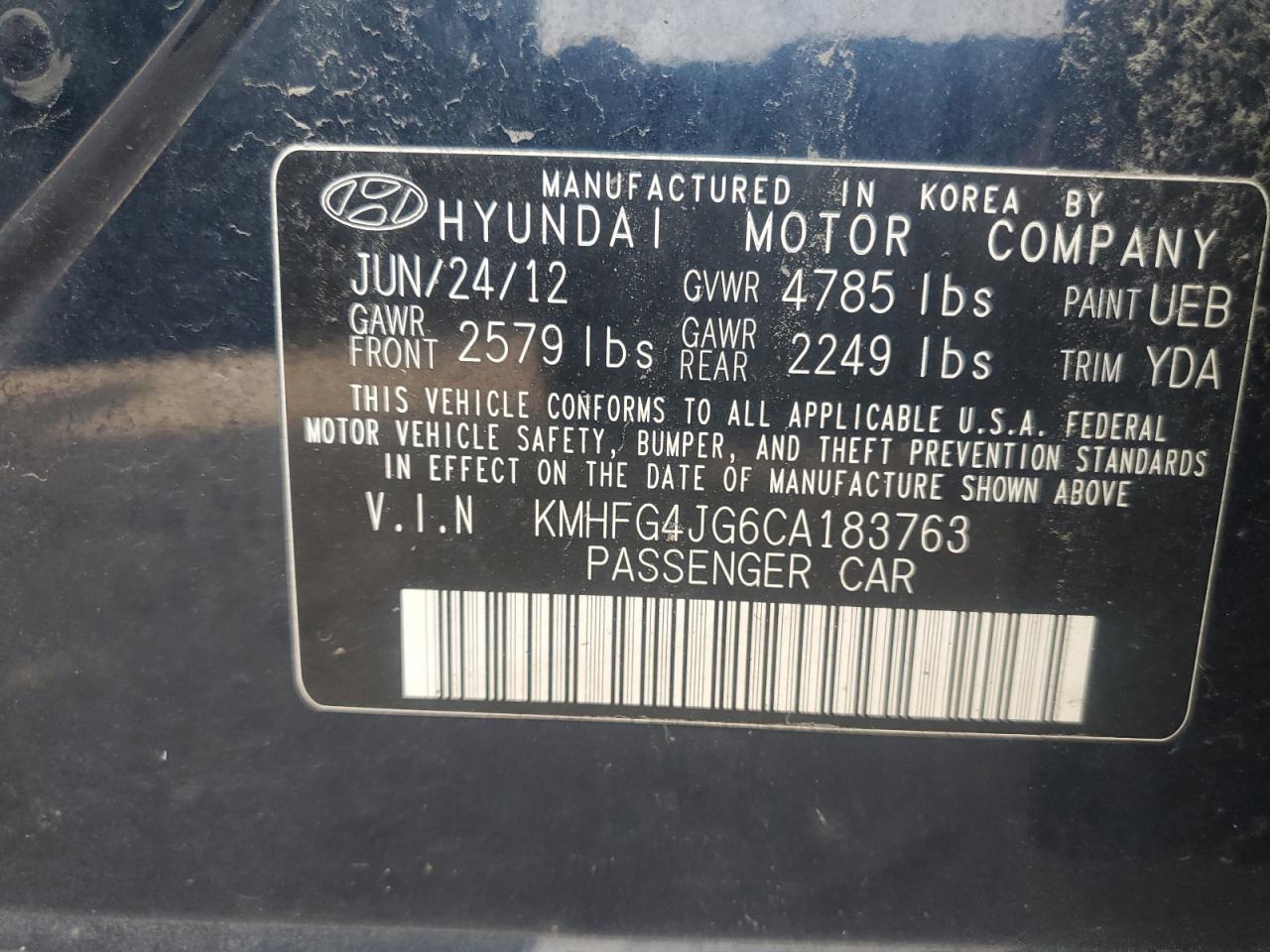 2012 Hyundai Azera Gls VIN: KMHFG4JG6CA183763 Lot: 65373825