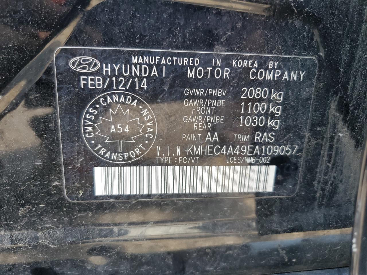 2014 Hyundai Sonata Hybrid VIN: KMHEC4A49EA109057 Lot: 63310825