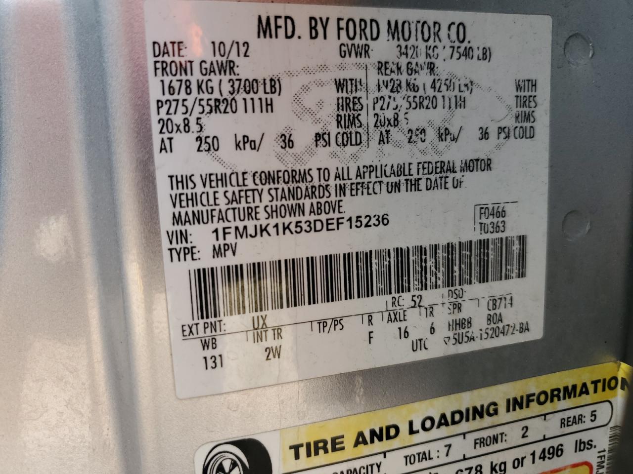 2013 Ford Expedition El Limited VIN: 1FMJK1K53DEF15236 Lot: 65092945